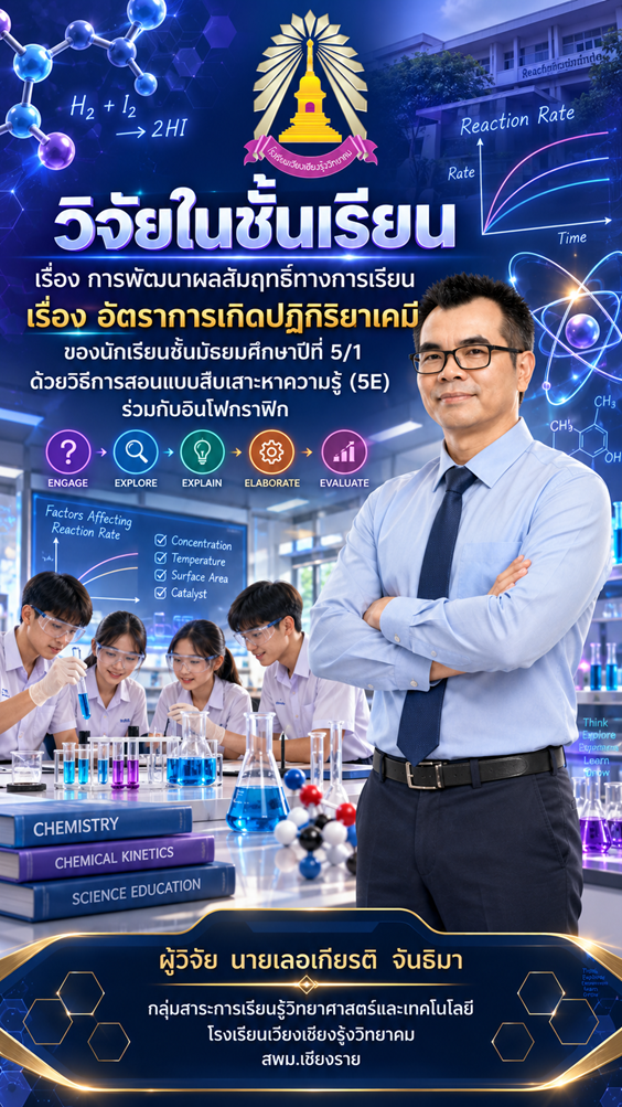 หน้าปก การพัฒนาผลสัมฤทธิ์ทางการเรียน เรื่อง อัตราการเกิดปฏิกิริยาเคมี ของนักเรียนชั้นมัธยมศึกษาปีที่ 5/1 ด้วยวิธีการสอนแบบสืบเสาะหาความรู้ (5E) ร่วมกับอินโฟกราฟิก